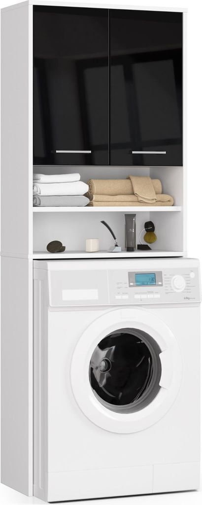 Badezimmerschrank über der Waschmaschine: zwei Türen, vier Einlegeböden, Farbe: weiß | glänzend schwarz, Möbelmaße: B: 64 cm, H: 180 cm, T: ...