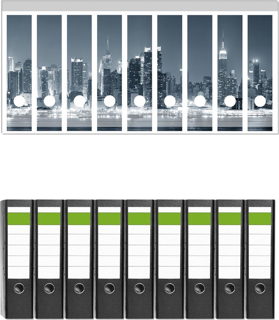 Wallario 9 Stück breite Ordner inkl. Klebeetiketten mit Motive New York Skyline - Schwarz Weiß Blau - Set mit Rückenschildern / Ordnerrücken S...