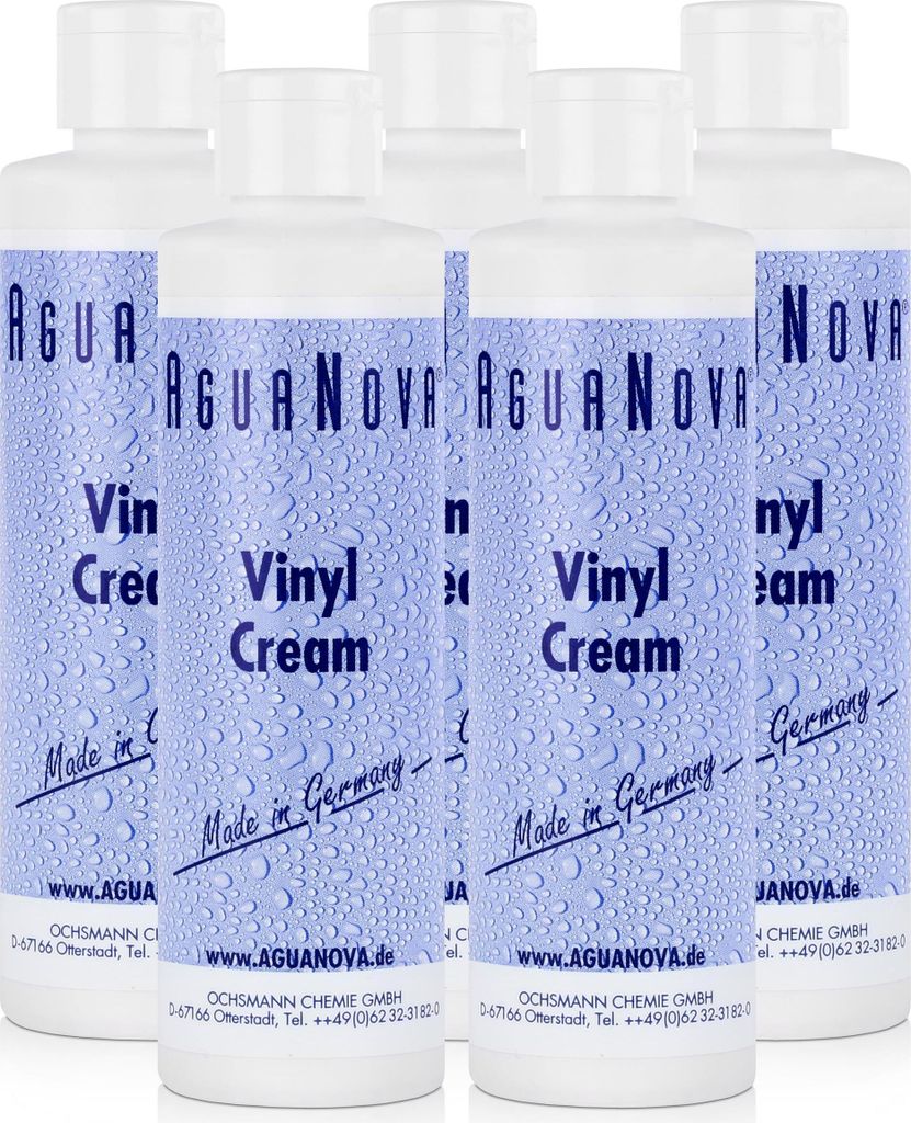 A group of five bottles of AguaNova Vinyl Cream against a white background.