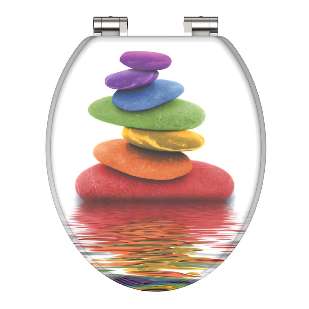 A toilet seat lid with a colorful stacked stones design.