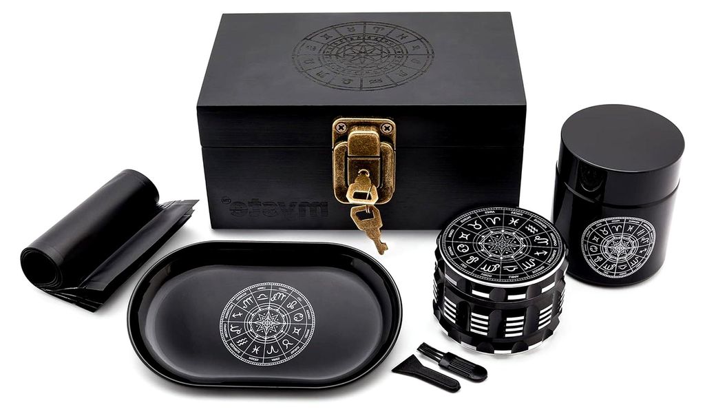 ZODIAC Aufbewahrungsbox mit Zubehör, großer Grinder 63mm, geruchsdichtes Set, verschließbare Stashbox mit Schloss, inklusive Mühle und Rolltablett
