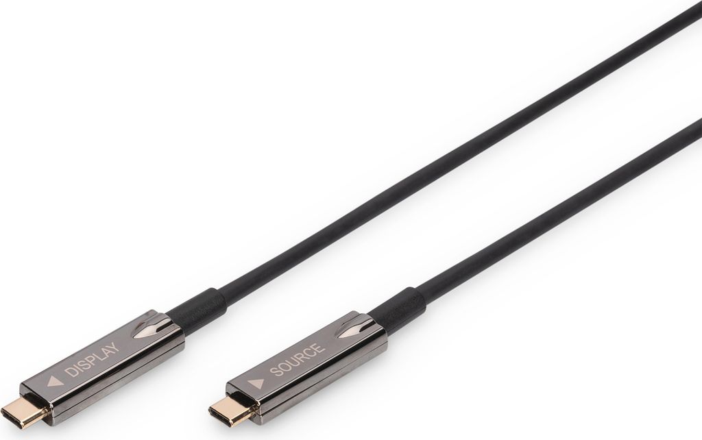 A black USB-C cable with metallic connectors, one labeled 'SOURCE' and the other 'DISPLAY'.