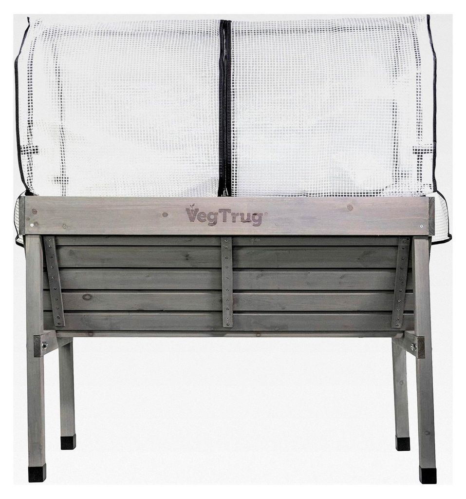 Hochbeet Vegtrug Klassik aus Zedernholz in V-Form mit Schutzhaube und Vlieseinlage - 117x76x134 cm - grau - Hochbeet-Set für Urban Gardening auf B...