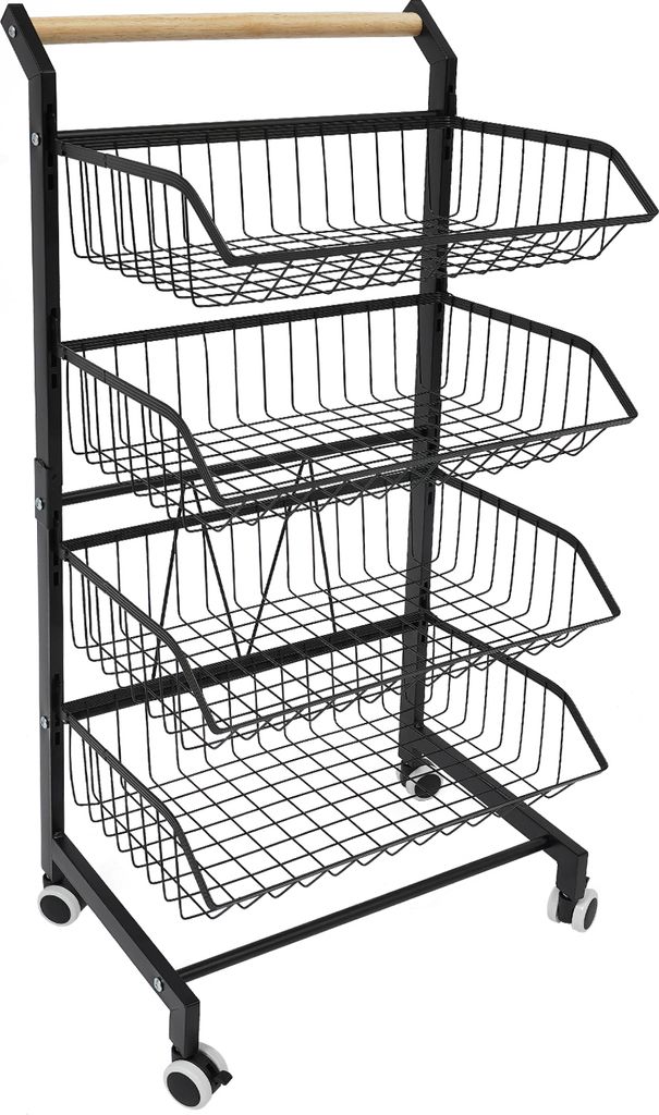 A black metal kitchen cart with four wire baskets and a wooden handle, shown against a white background.