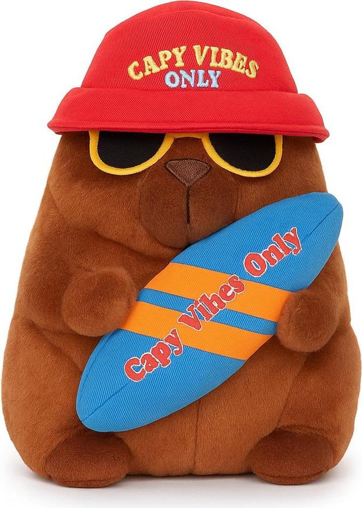 Capybara Plüschtier 25 cm mit Surfbrett Spruch Capy Vibes Only