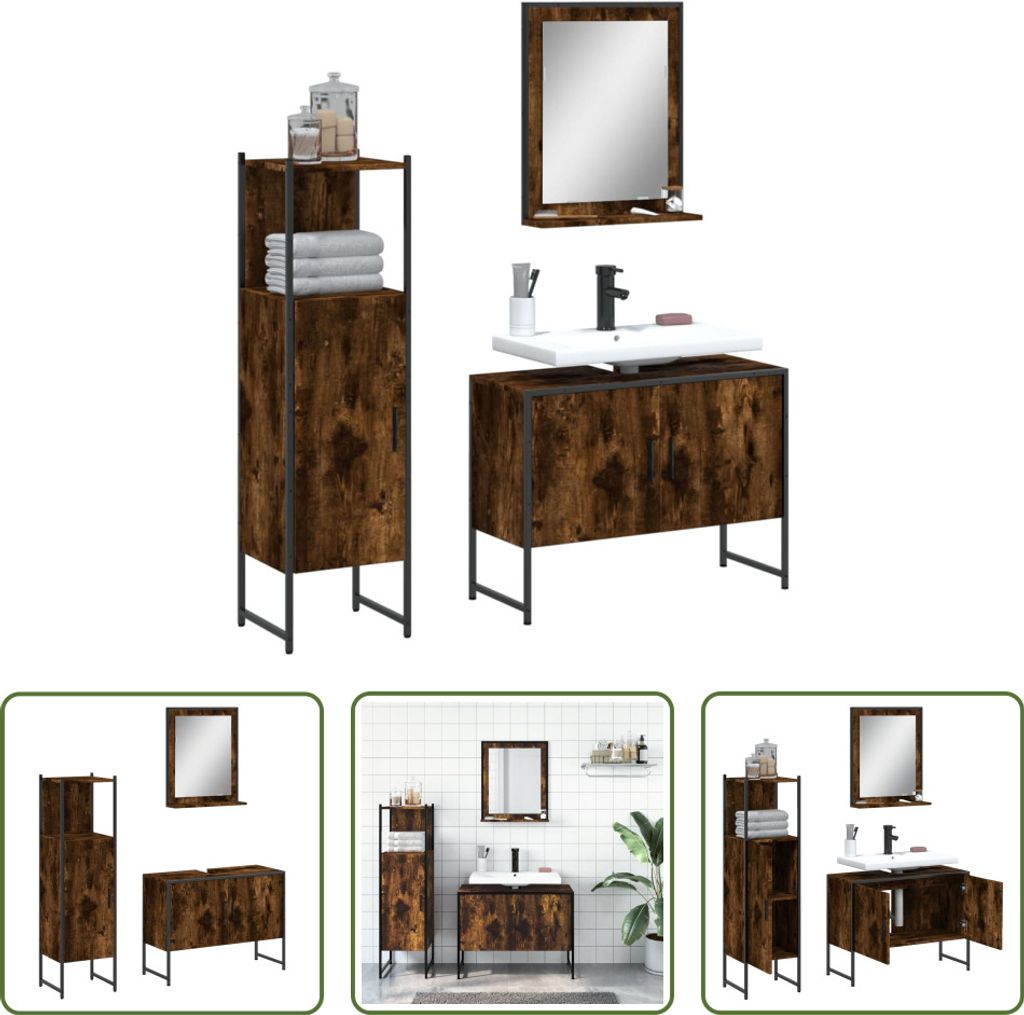 The Living Store 3-tlg. Badmöbel-Set Räuchereiche Holzwerkstoff