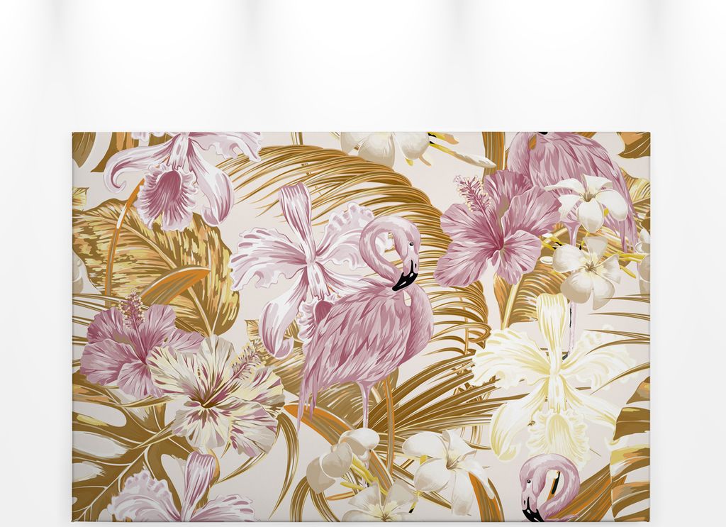 Leinwandbild Flamingos Gelb Rosa Blumen 90x60 DD120266 Keilrahmen Wandbild