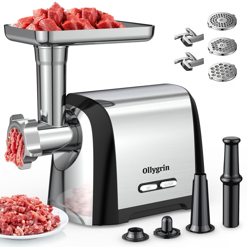Ollygrin 2800W Elektrischer Fleischwolf, 3in1 Multi Küchenmaschine,Wurstmaschine & Kubbe mit 3 Scheiben, 2 Klingen für Haushalt Küche