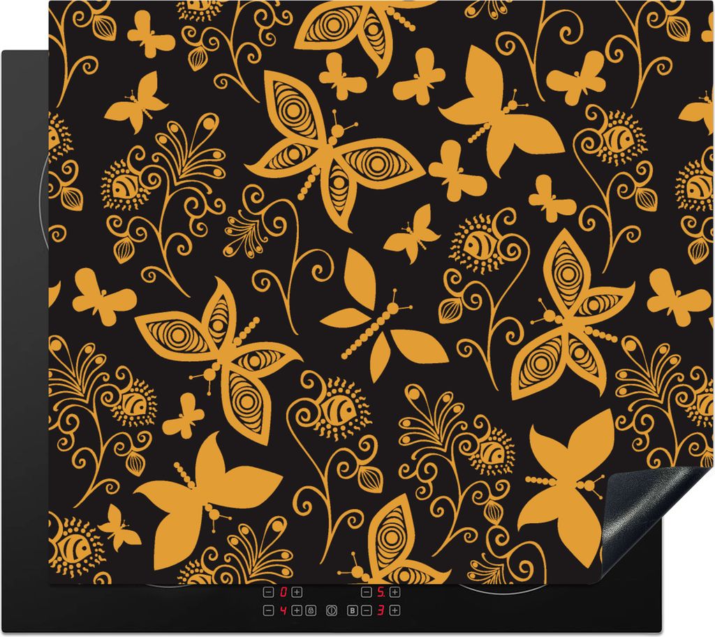 KitchenYeah Herdabdeckplatte Blumen - Schmetterling - Gold - Muster , 59x51cm, Küche Deko, Glaskeramikfeld Herdabdeckung, Abdeckplatte fùr Koch...