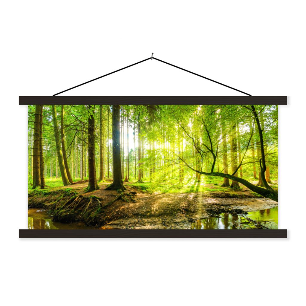 MuchoWow Textilposter Wald - Landschaft - Wasser - Bäume - Sonne - Grün - Natur 150x75 cm mit schwarzem Rahmen - Posterleiste