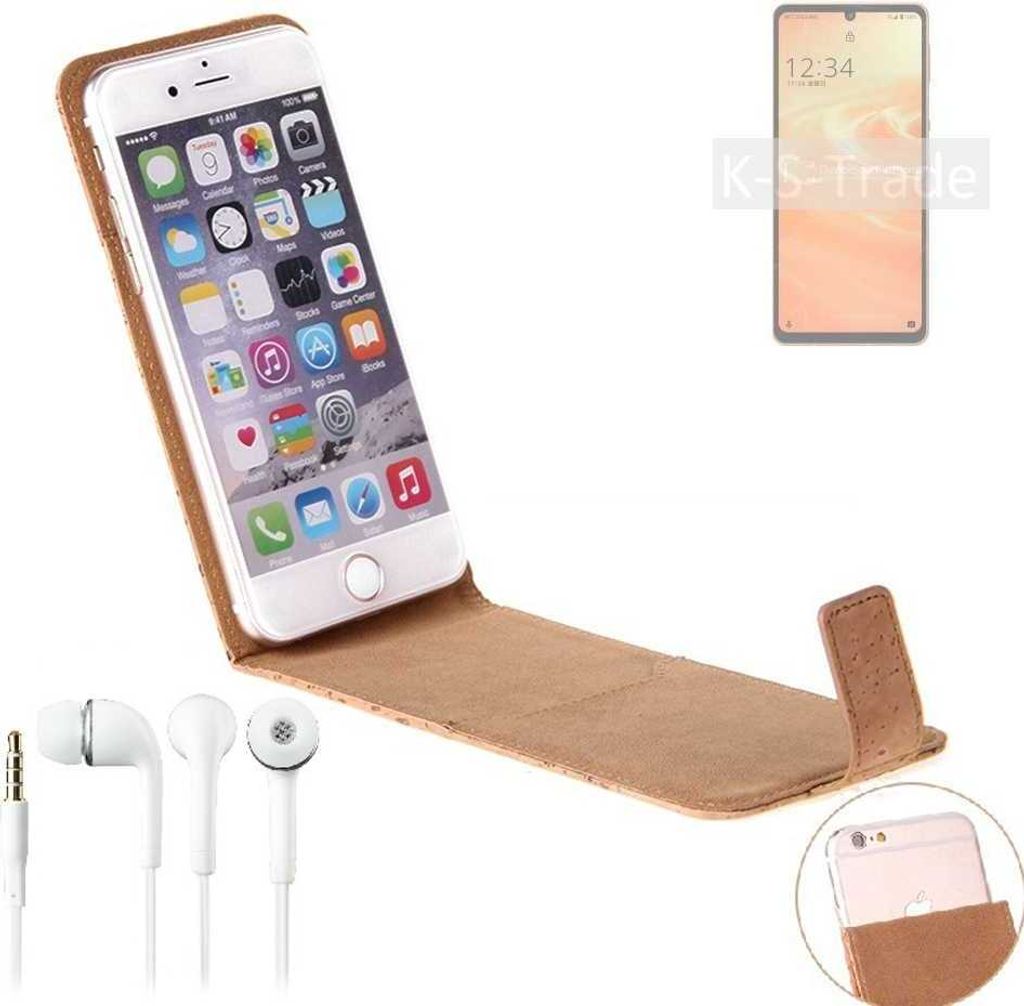 K-S-Trade Schutzhülle mit Kopfhörer kompatibel mit Sharp Aquos Sense6s Handyhülle Cover Kork Tasche Flipstyle Case