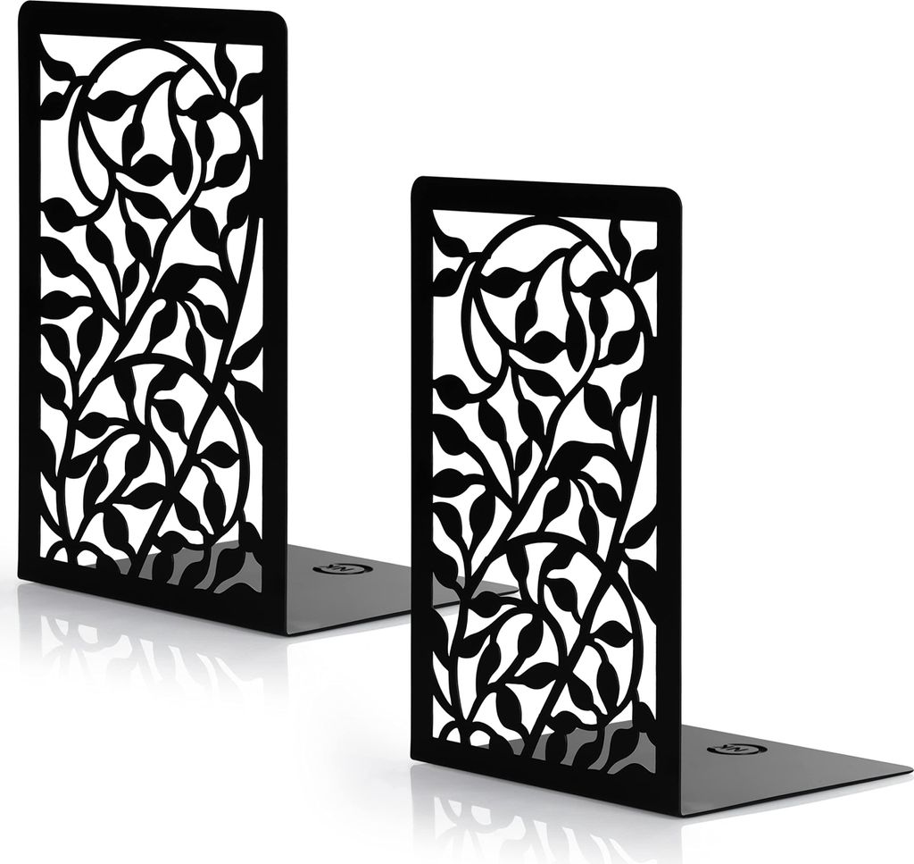 Belle Vous Schwerlast Buchstützen Metall Schwarz mit Blumenmuster (1 Paar) - Anti-Rutsch Buchstütze Schwarz für Bücher & CDs - Halter für Ordner,