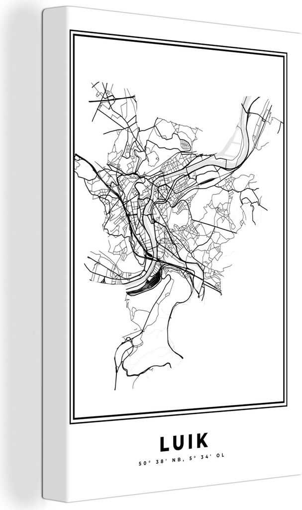 OneMillionCanvasses - Leinwandbilder - 90x140 cm, Belgien - Lüttich - Stadtplan - Karte - Schwarz und weiß - Karte, Wandbilder Kunstdruck Wandd...