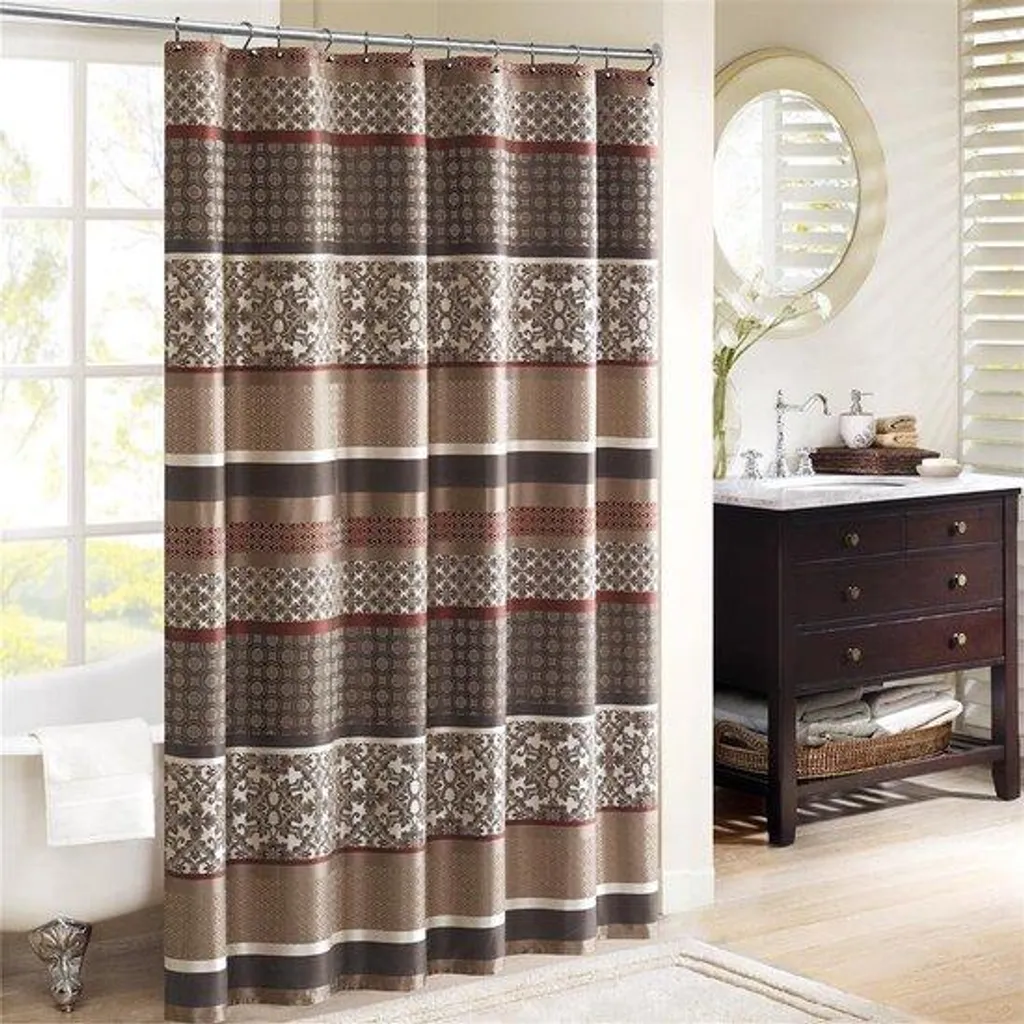 Rideau de douche textile rouge et blanc design géométrique élégant