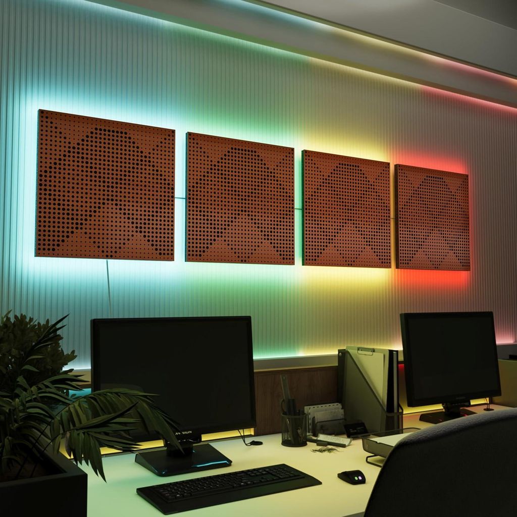 4er-Pack-LED Akustikwandpaneele mit RGB Glow für Echo Control|Schallabsorbierende Paneele mit Backlight|4x WILDS -Separately-LINE|Kirschbaum