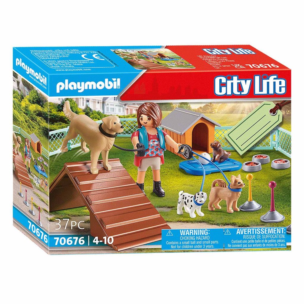 A Playmobil City Life dog trainer playset is shown on its packaging.