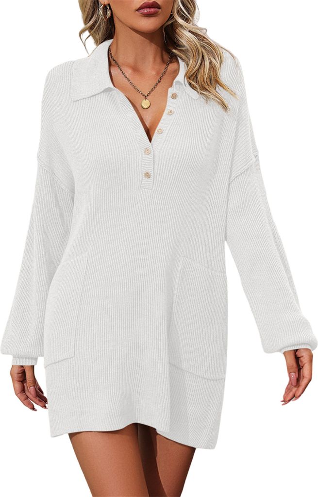 ASKSA Damen Strickkleid Revers Knoepfen Einfarbig Geripptes Langarm Minikleid Winter Sweater Kleid, Weiss, XL