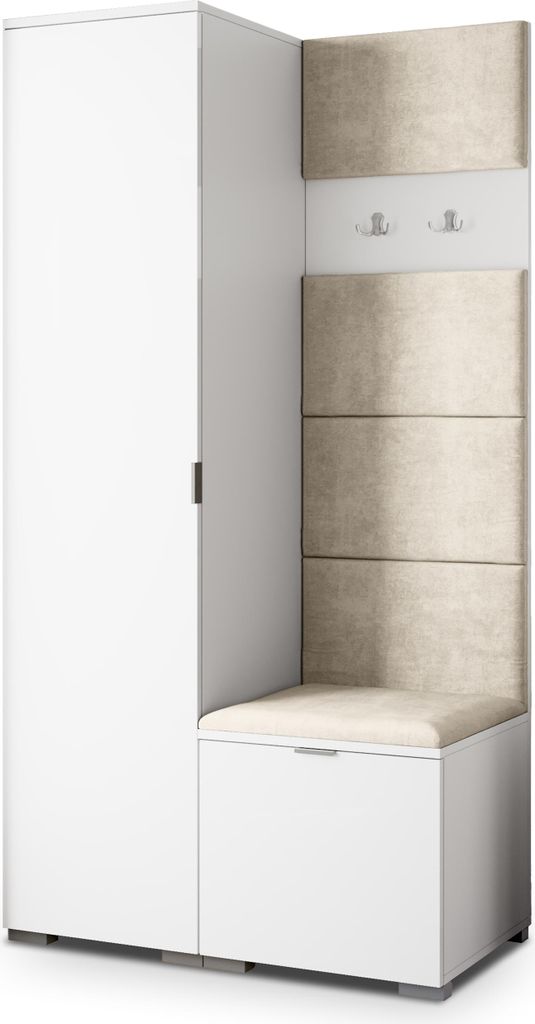 Masseno Garderobe-Set LORI 95/181/51 cm Modern Garderobenschrank Weiß, Veloursstoff MONOLITH 04 (Beige)