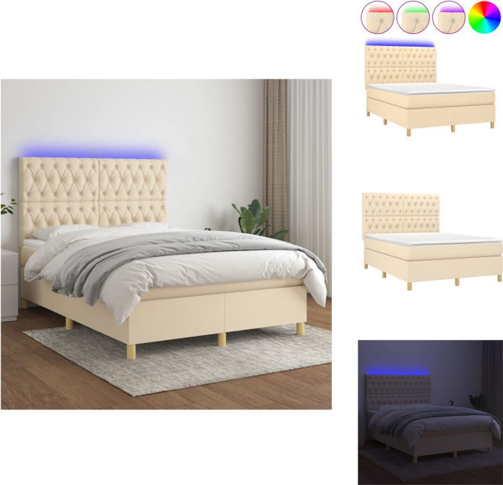 vidaXL Boxspringbett mit Matratze & LED Creme 140x200 cm Stoff - Betten & Bettgestelle