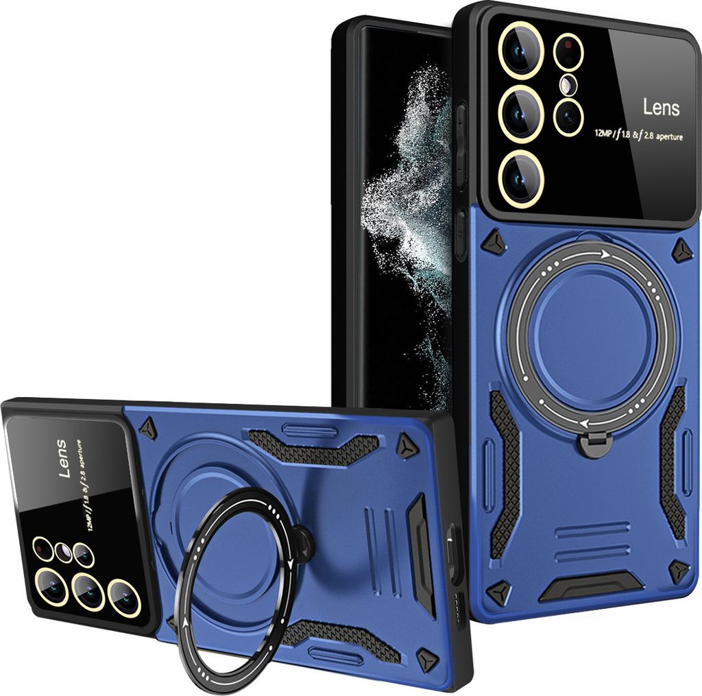 Rüstung Handyhülle für Samsung Galaxy S22 Ultra 5G Dual-Layer Ringhalter Ständer Hülle Blau