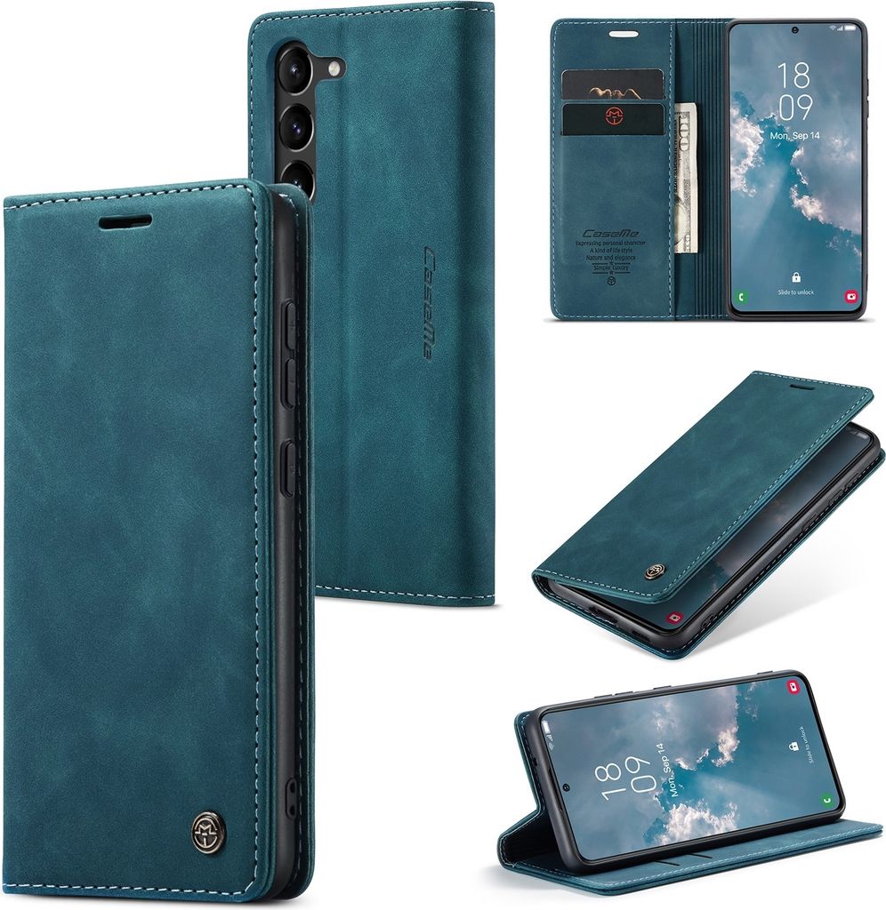 Collage of a teal flip phone case for a Samsung Galaxy S24 Plus, showing different angles and features.