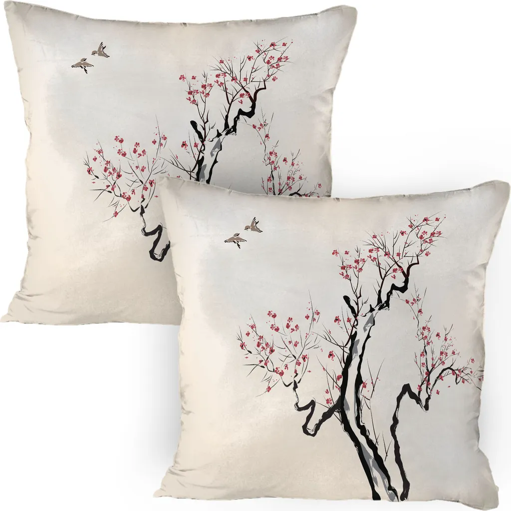 Set 2 Federe 80x80 Lavabili - ABAKUHAUS Fiori e Uccelli Grigio