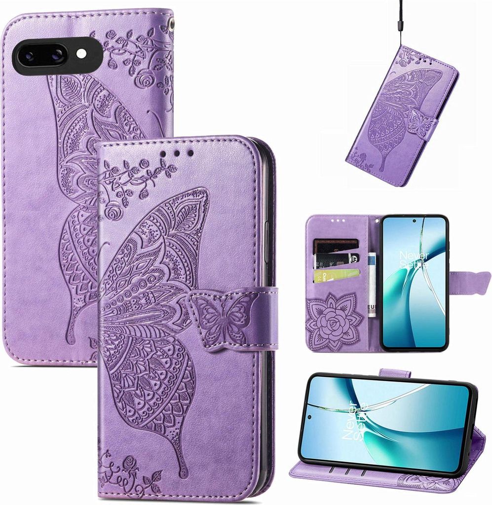 Für Google Pixel 9a Kunstleder Wallet Handy Tasche Schmetterling Design Hülle Etuis Hell-Lila