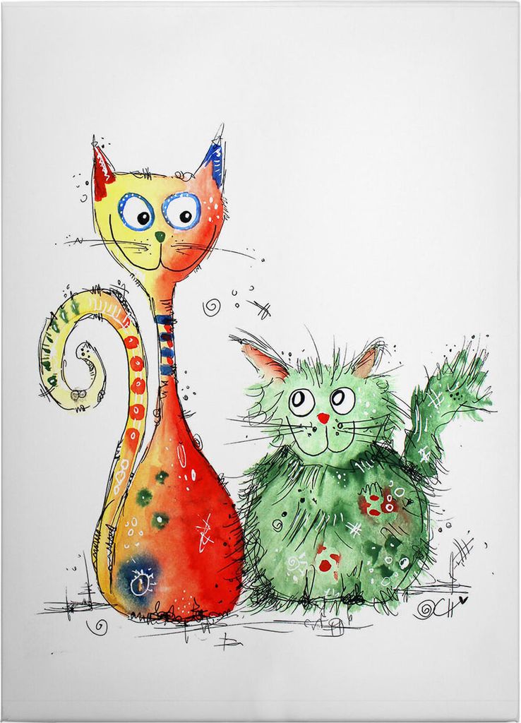 Leinwandbild Kinder 70 x 50 cm - Wandbild Grün Orange - Keilrahmen Tiere Katzen Wohnzimmerdeko Wanddeko Wandgemälde