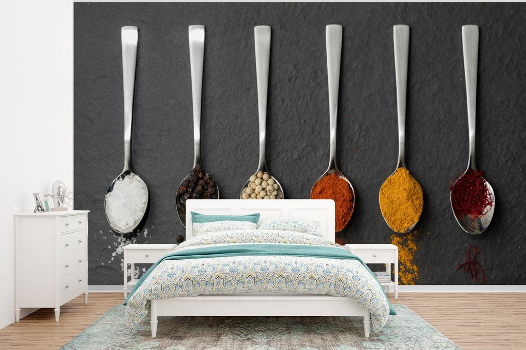 MuchoWow Fototapete für Wohnzimmer oder Schlafzimmer Wandtapete Vinyl Motivtapete Gewürze - Löffel - Tisch - Rustikal - Gewürze - 320x240 cm ...