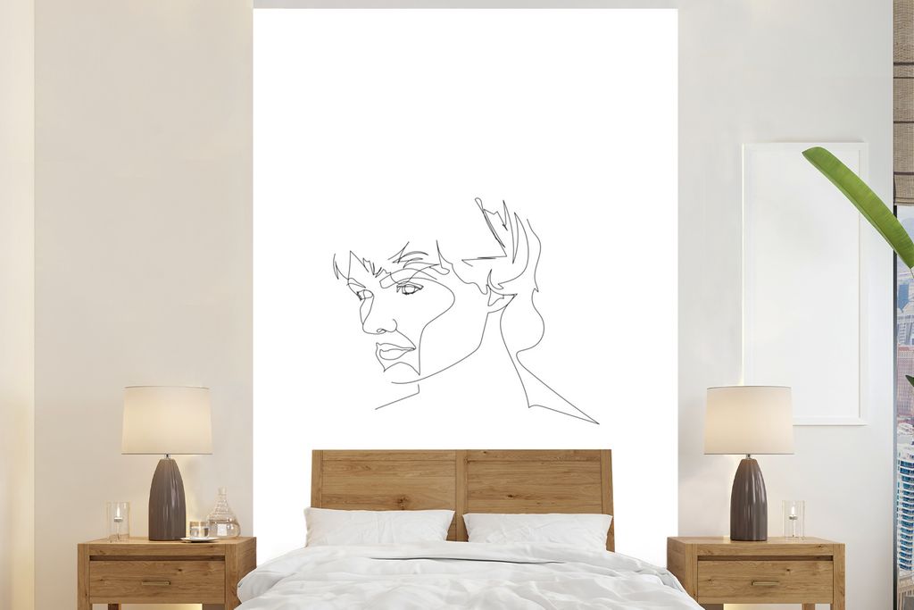 MuchoWow Fototapete für Wohnzimmer oder Schlafzimmer Wandtapete Vinyl Motivtapete Mann - Kopf - Strichzeichnung - 195x300 cm - Das Hintergrundbild
