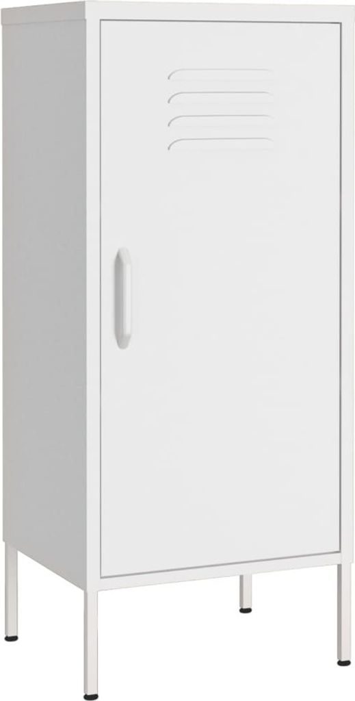 A white metal storage cabinet with a single door and ventilation slits on the top right of the door, standing on four thin legs.