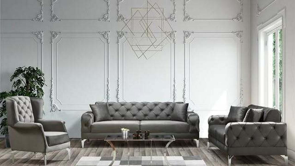 Sofa Set Komfort, Couchgarnitur 3+2+1 Spar-Set in Grau Samtstoff