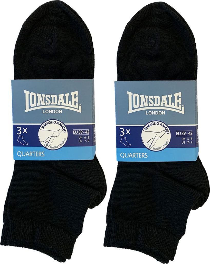 Lonsdale 6 Paar Quarter Socken Leichter Stoff Gekämmte Baumwolle Schwarz, 35-38
