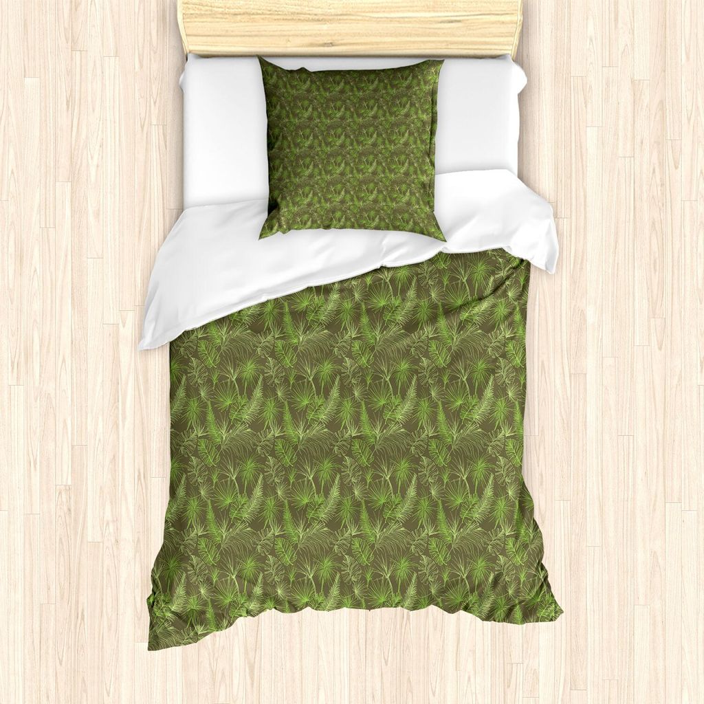 ABAKUHAUS Dschungel-Laub Bettbezug Set, Kontinuierliche Tropic Muster mit Kontur Blätter und Palmen-Druck, 135 x 200 cm + 80 x 80 cm, Taupe und Li...