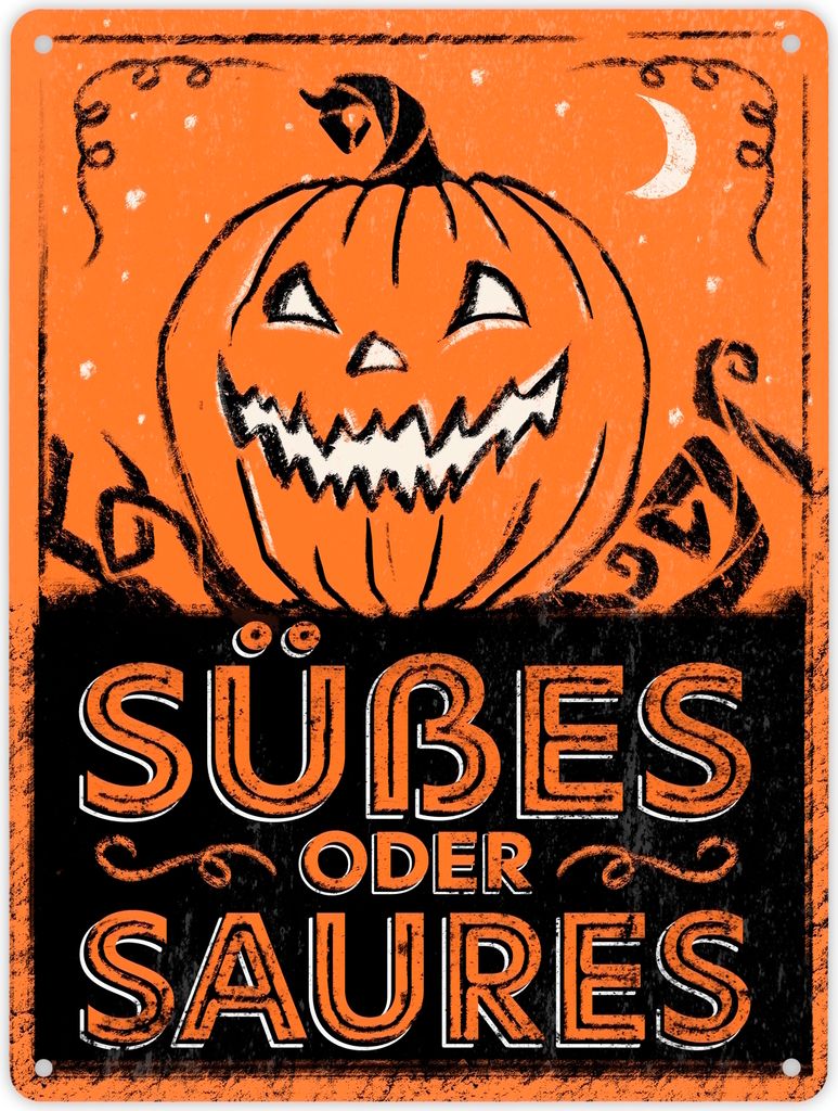 Metallschild XL in 21x28 cm mit Halloween Kürbis Motiv im used Look - Süßes