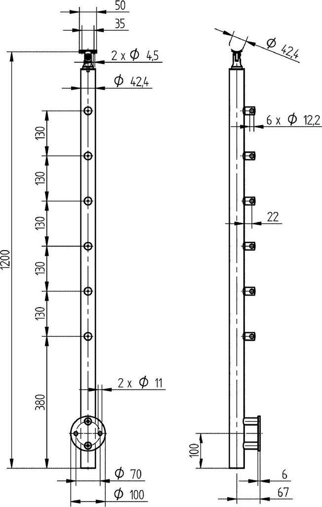 CROSO Fertigsteher für Wandmontage, 1200mm, m. 6 Traversenhalter, Edelstahl V2A