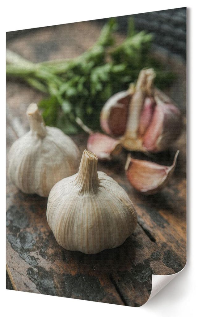 Knoblauch auf einem Brett- Kunstdruck A2 (42x59 cm) - Klassisch, rustikal- Wandbild für Wohnzimmer Schlafzimmer & Flur, Modernes Poster Wanddeko, ...