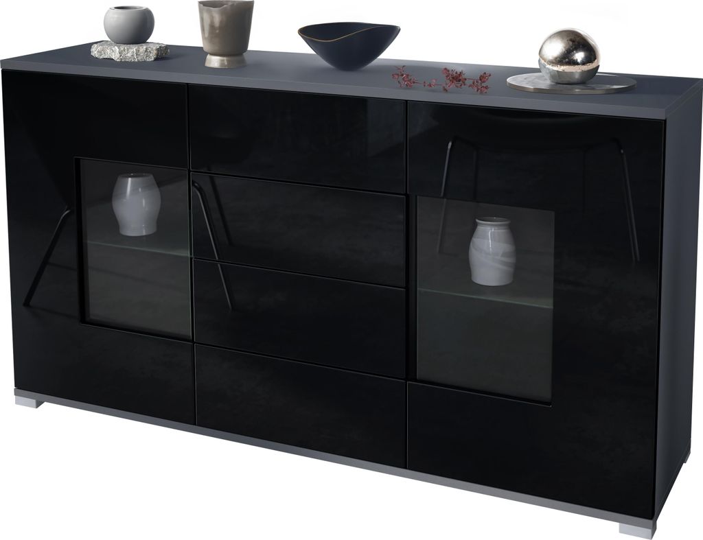 Vladon Sideboard Grömitz V1, Kommode mit 2 großen Türen und 4 Schubladen, Anthrazit matt/Schwarz Hochglanz (138,5 x 75,5 x 35)