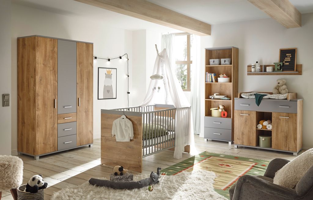 Babyzimmer Larissa 4 teilig Komplett Set in Bolton Oak und Arktisgrau - Kinderzimmer Möbel Teenager Zimmer Jungs und Mädchen