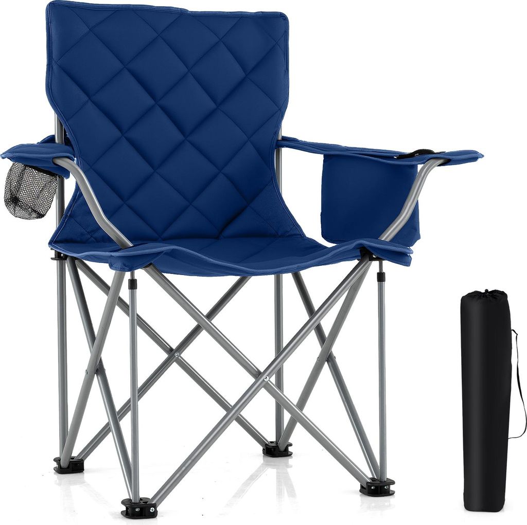 COSTWAY Campingstuhl Faltbar XXL 227kg Belastbar, Klappstuhl Gepolstert, Übergroßer Angelstuhl mit Kühltasche & Getränkehalter, Faltstuhl Navy