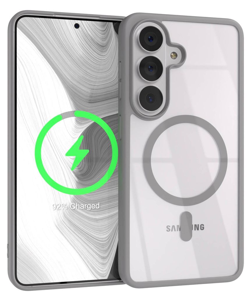 EAZY CASE Clear MagSafe Case für Samsung Galaxy S26, Qi-Charging, Silikon mit Kameraschutz, Bumper Case in Grau