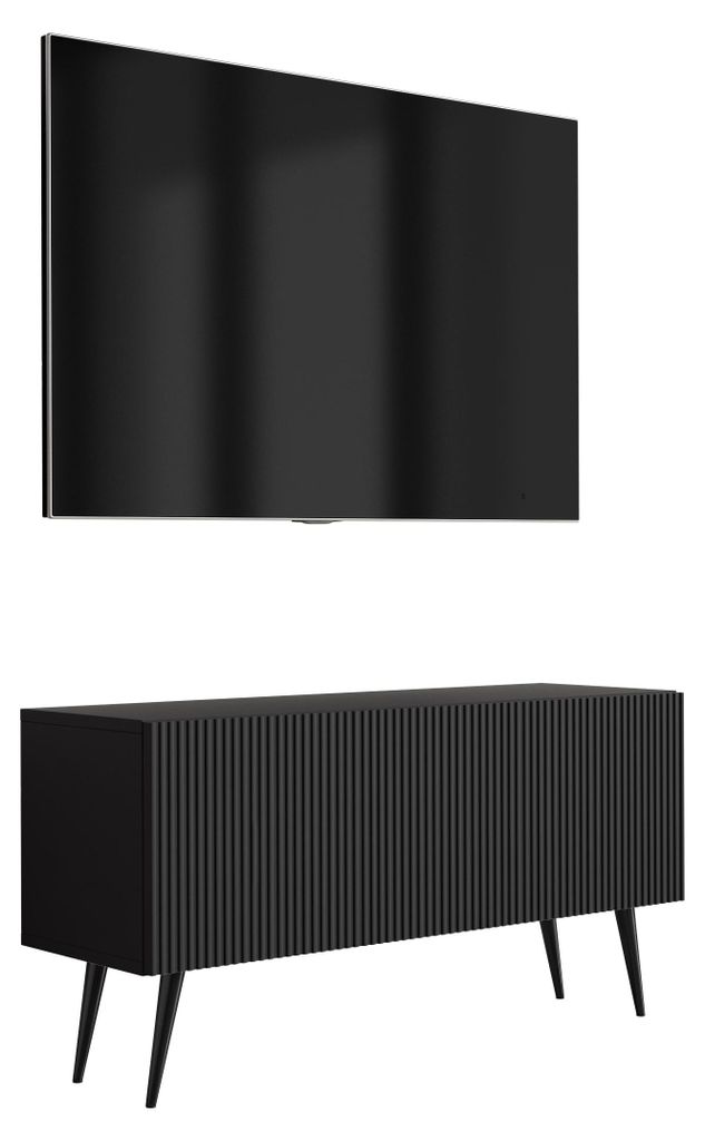 TV-Schrank mit geriffelter Front, Mattschwarz, schwarze, schräge Beine, 100 × 32 × 52 cm