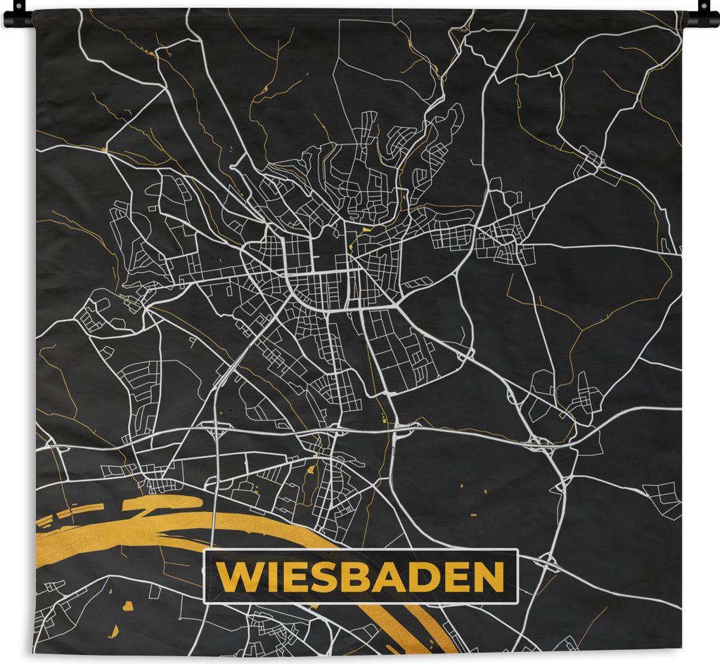 MuchoWow Wandteppich Wandbehang Wiesbaden - Deutschland - Karte - Gold - Stadtplan 150x150 cm Tapisserie Dekoration Wandtuch - Wohnaccessoires - ...