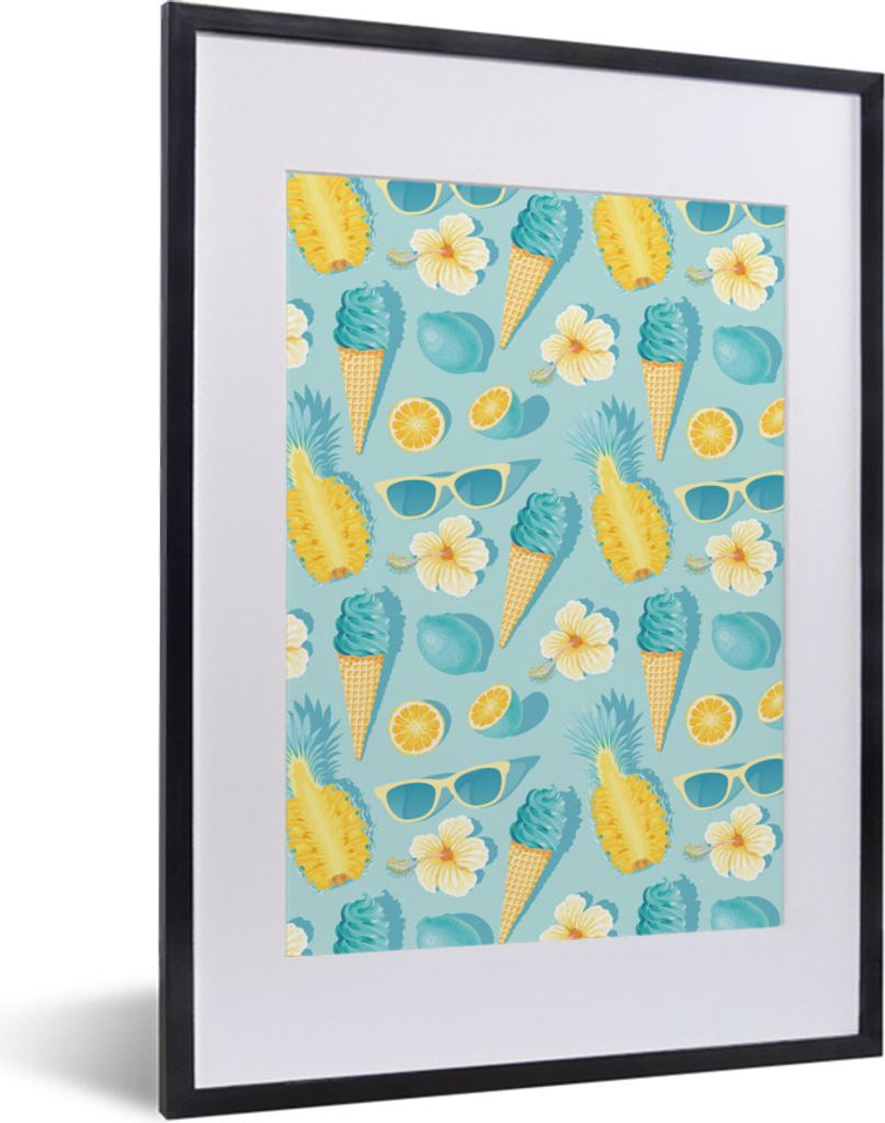 MuchoWow Gerahmtes Poster Obst - Blumen - Sonnenbrille - Sommer 30x40 cm - Poster mit Schwarzem Bilderrahmen Wandposter Rahmen Foto Bilder - Wand...