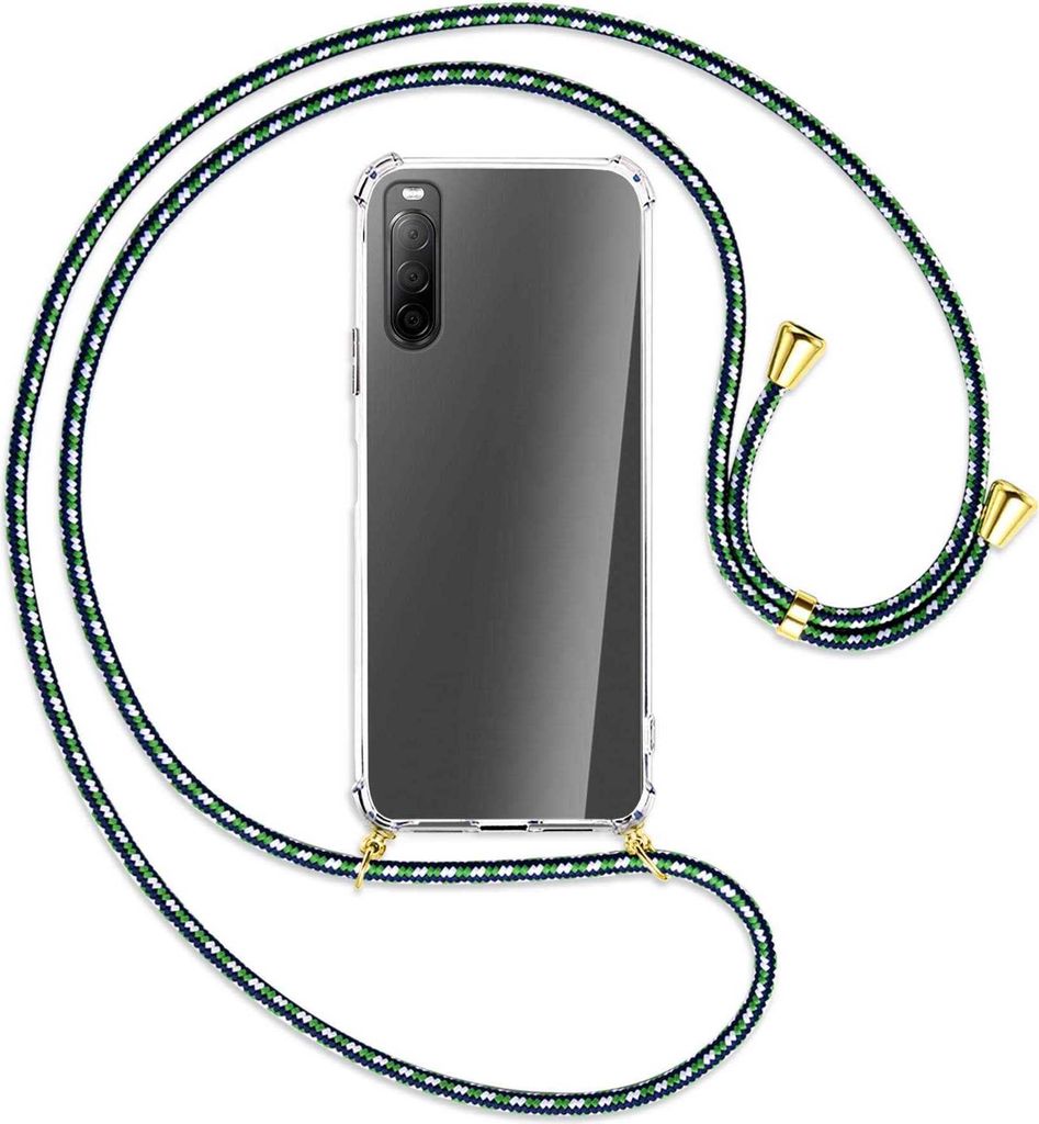 Handykette Backcover-Schutzhülle mit Band (Metall goldfarben) für Sony Xperia 10 II - grün/blau/weiß