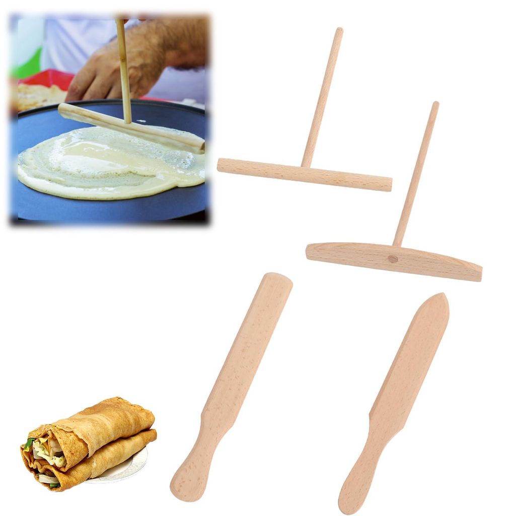 4-teiliges Crêpe-Set aus Buchenholz mit Wender, Streicher, Spatel und Schaber.