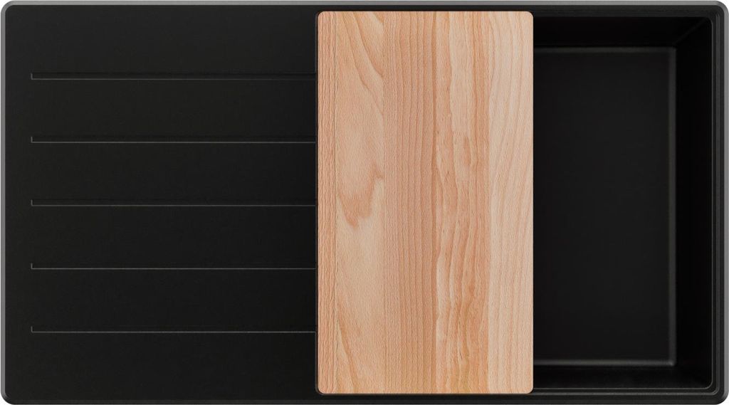 PRIMAGRAN Spülbecken Alles Schwarz 90x50cm, Granitspüle 1 Becken + Ablauf-Set + Schneidebrett, Küchenspüle ab 60er Unterschrank - Kopenhagen