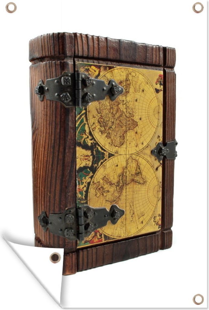 MuchoWow 40x60 cm Outdoor-Poster Gartendeko Sichtschutz Garten Poster für den Garten Ein Holzbuch mit einer Piratenkarte auf der Vorderseite