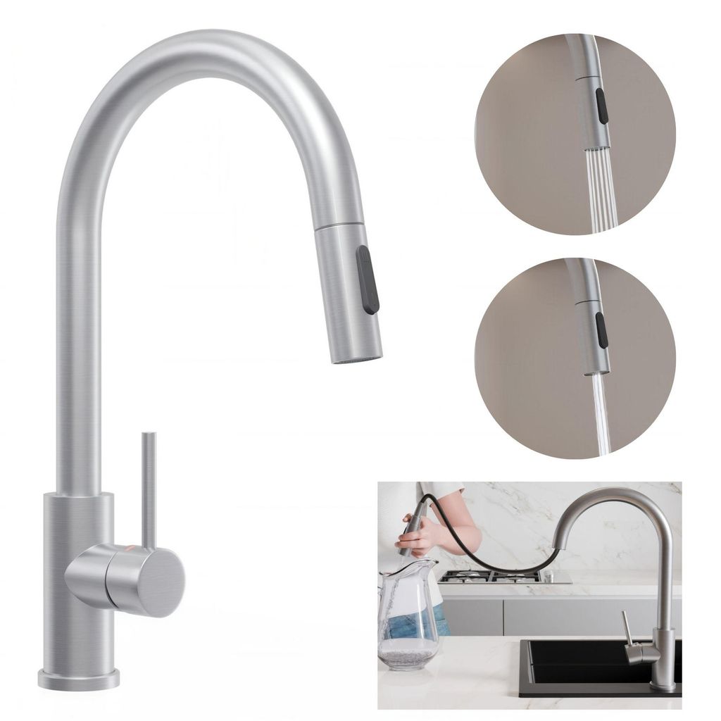 PRIMAGRAN Küchenarmatur 9010, 360° drehbar, Hochdruckarmatur, mit zwei Strahlarten, mit ausziehbarem Auslauf, Edelstahl