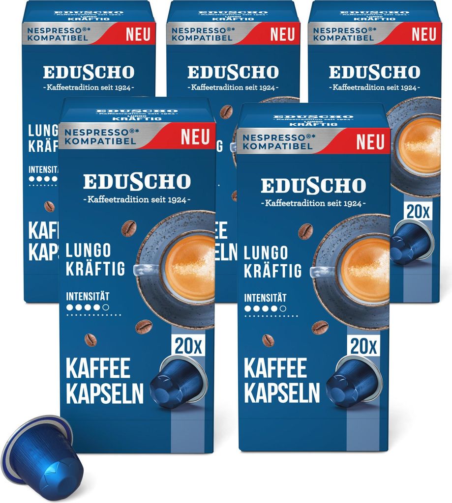 Tchibo Eduscho Vorratsbox Lungo Kräftig Kaffeekapseln, 100 Stück (5 x 20 Kaffeekapseln), kompatibel mit Nespresso, mittlere Röstung, aromatisch ...